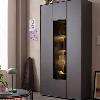 Eine schwarze Vitrine mit Glastür und Innenbeleuchtung