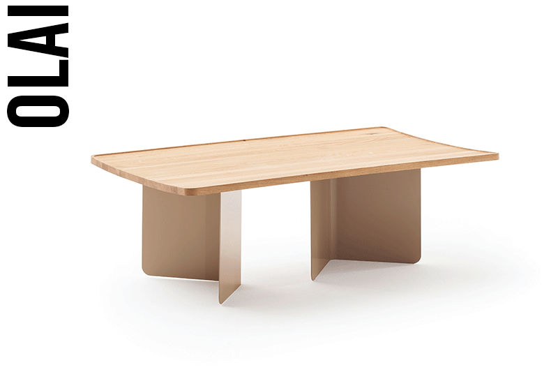 Animation verschiedener Perspektiven von Couchtisch PLAI von RAUM.FREUNDE in schwarzem oder beigen Metall mit Eicheplatte