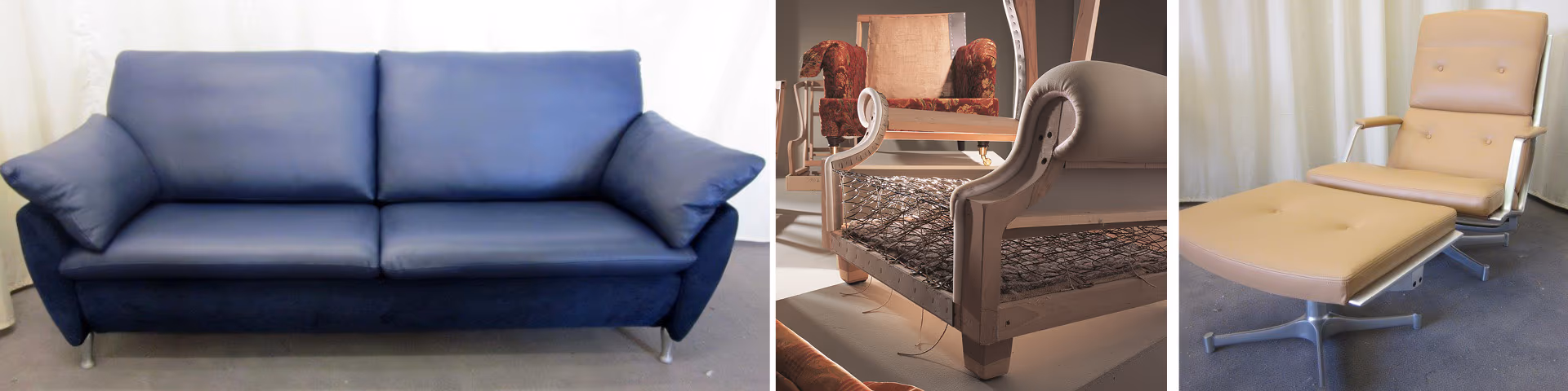 Ledercouch in Blau nach der Restauration, grauer Ledersessel wird neu bezogen, beiger Ledersessel im Retro-Look