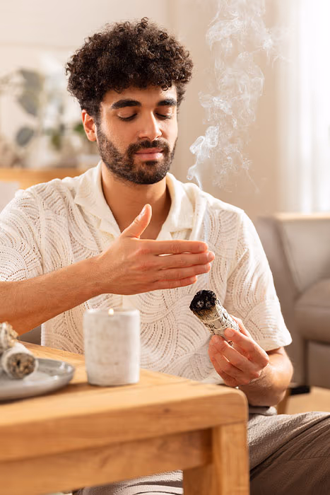 Man sitzt mit einem qualmenden Kräuterbündel in der Hand und räuchert den Raum.