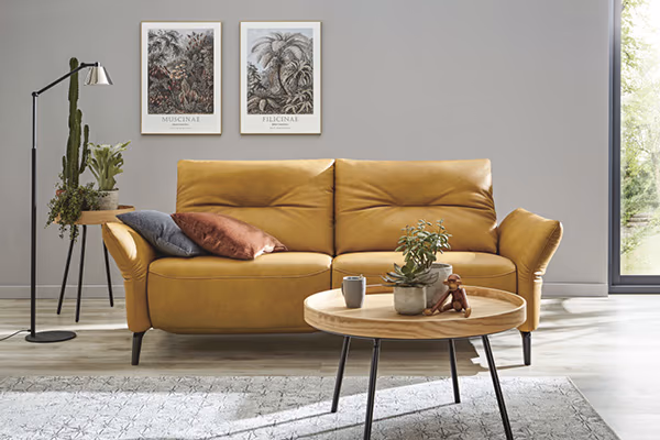 Klein und fein steht der Zweisitzer im Wohnzimmer. 