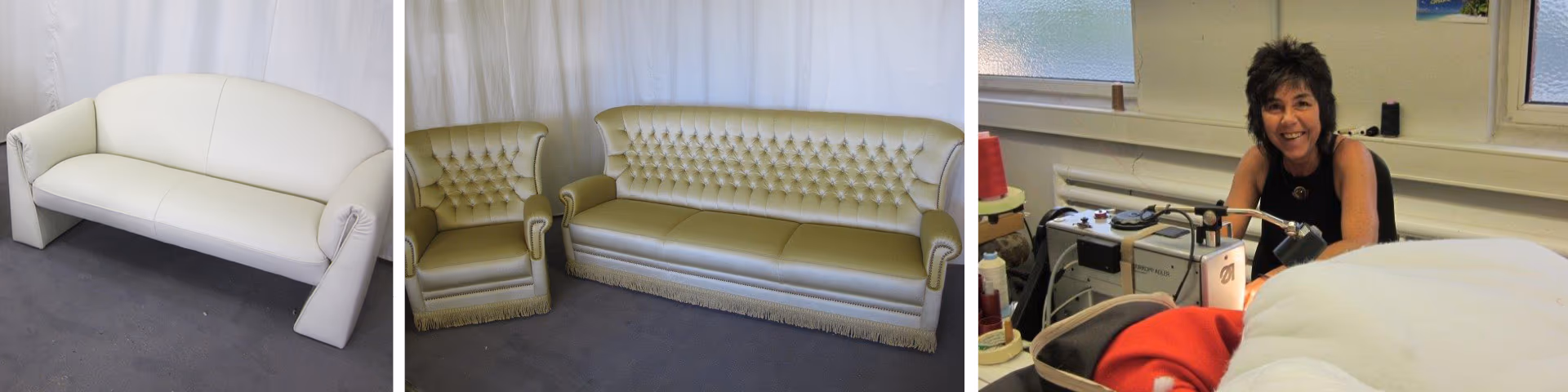 Weißes Sofa aus der Polsterei in Dortmund, grüner Ledersessel und grünes Sofa im Winchester-Look direkt vom Polsterer, Näherin in der Polsterei