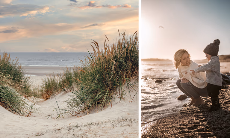 Monteure Möbel Rommel, Frau mit Kind entspannt am Strand mit Dünen in der Abenddämmerung