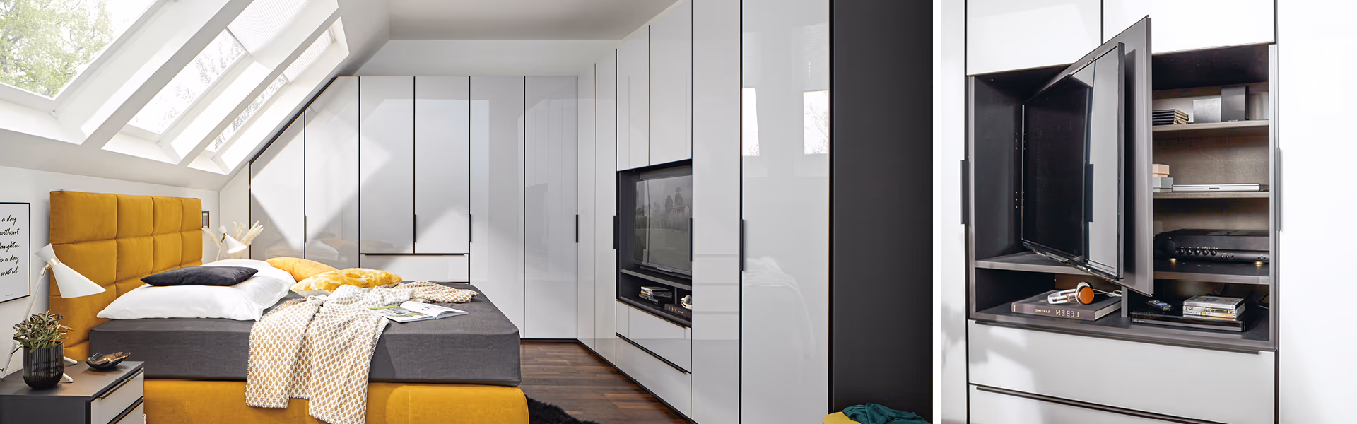 Schlafzimmer mit Dachschräge, Kleiderschrank unter Dachschräge, gelbes Boxspringbett