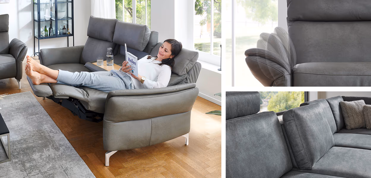 Sitzhöhe, Sitztiefe, Armlehne, Kopfstütze, Beinstütze und Rückenlehne lassen sich leicht beim Funktionssofa verstellen. 
