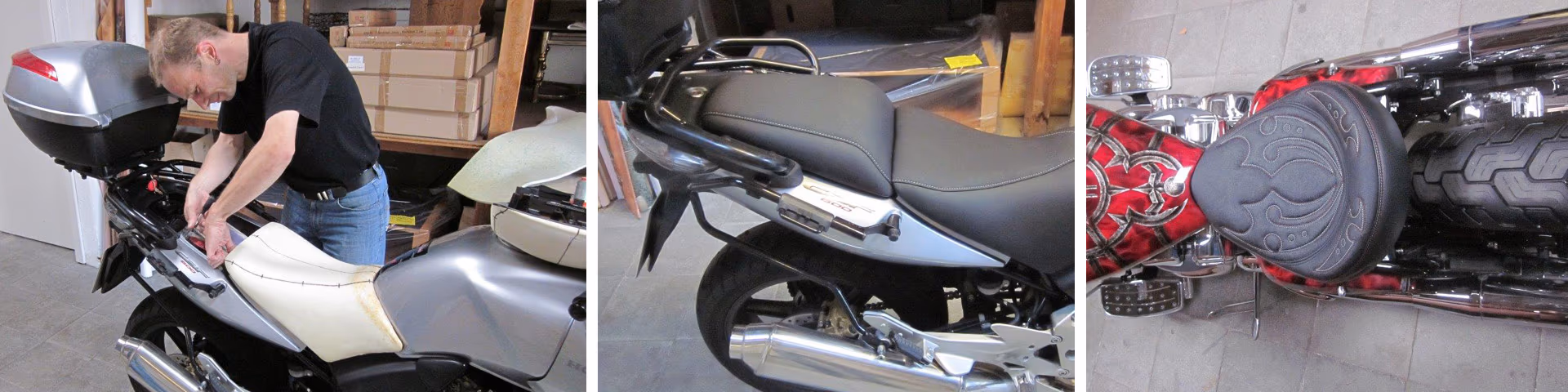 Motorrad Sattler bei der Arbeit, Motorräder in Silber und Rot mit neu gepostertem Motorradsitz