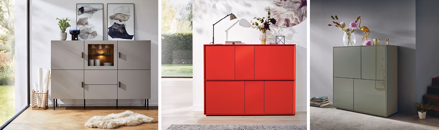 Sideboards und Highboards liefern nicht nur Stauraum fürs Wohnzimmer, sondern können bei passender Farb- und Design-Wahl den Raum auch optisch aufwerten.