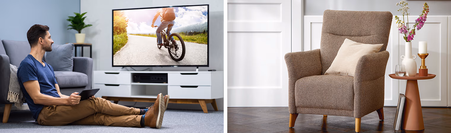 Ein Fernsehsessel im Wohnzimmer sorgt für Gemütlichkeit und Komfort. Komplettiert wird er durch den passenden Hocker.