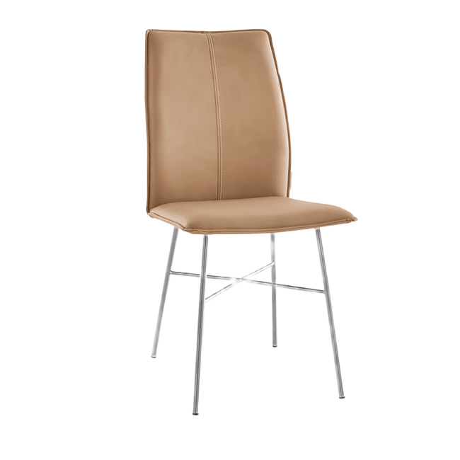 Esszimmerstuhl mit Edelstahl Gestell und veganem Leder Bezug in Taupe.