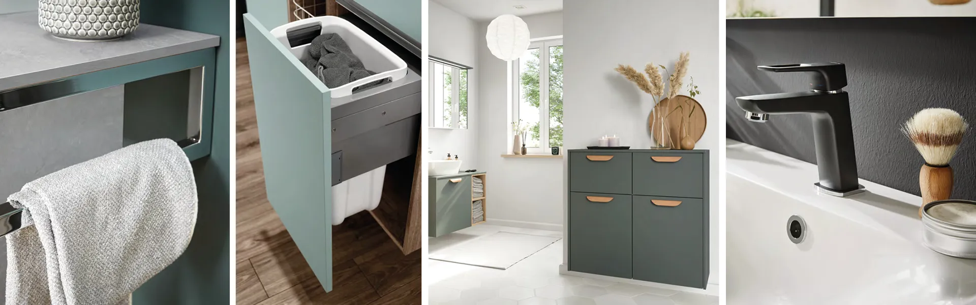 Details im Badezimmer: Handtuchhalter, Wäschekorb im mintfarbenen Schubfach, elegante Holzgriffe an grünen Badezimmermöbeln, Rasierpinsel neben schwarzem Wasserhahn am weißen Waschbecken