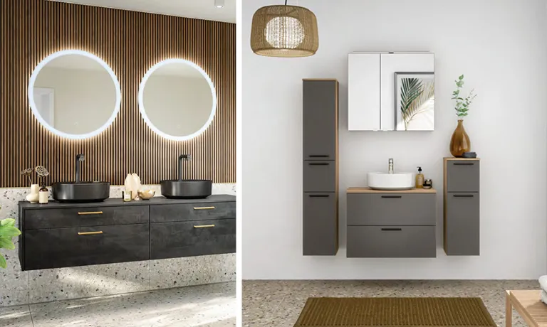 Beleuchtete Badspiegel im modernen Bad, Deckenleuchtet im Bad vor dem Waschbecken