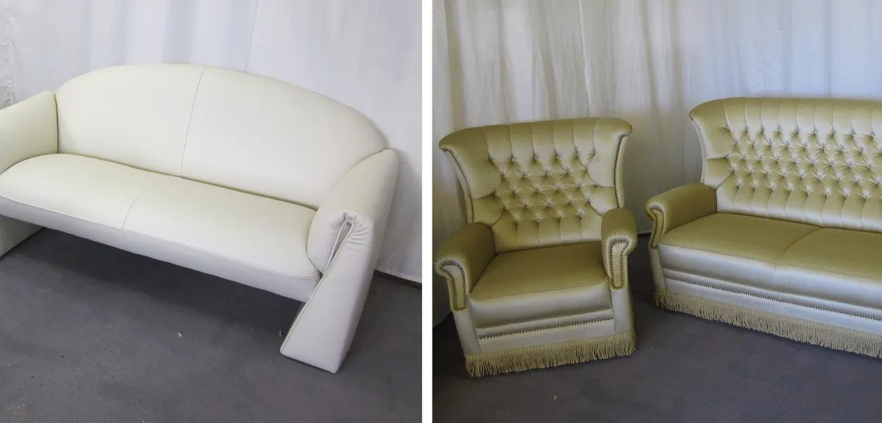 Weißes Sofa aus der Polsterei in Dortmund, grüner Ledersessel und grünes Sofa im Winchester-Look direkt vom Polsterer, Näherin in der Polsterei
