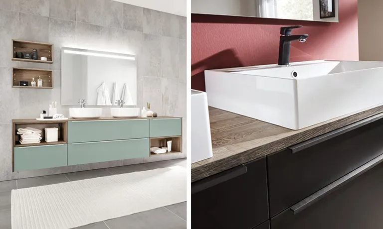 Badmöbel in verschiedenen Farben wie Mint und Schwarz und aus Holz