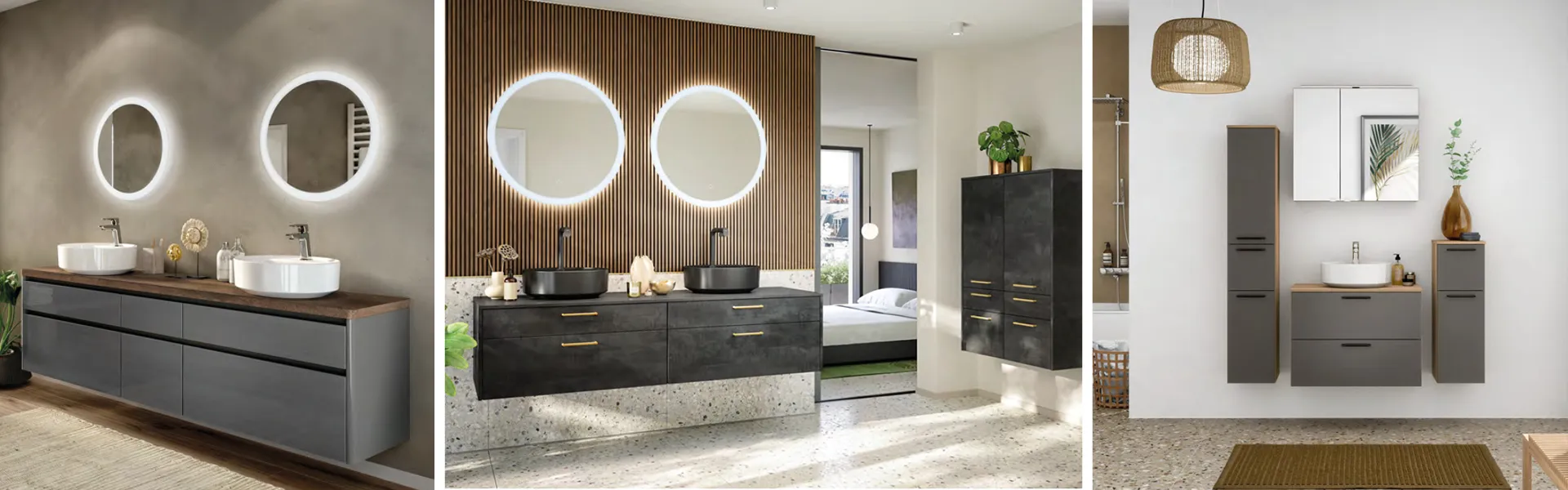 Beleuchtete Badspiegel im modernen Bad, Deckenleuchtet im Bad vor dem Waschbecken