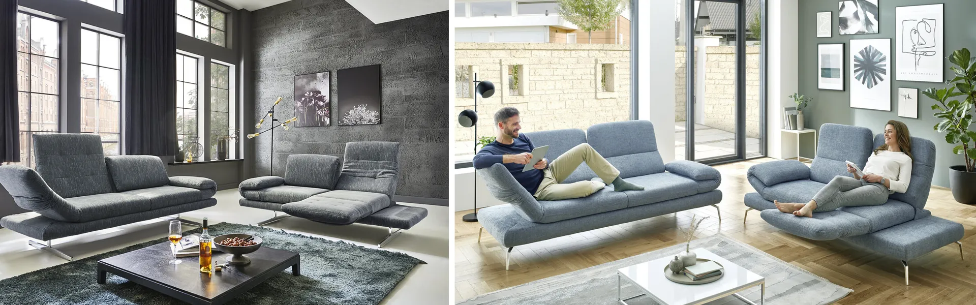 gemütliche Sofas mit verstellbarer Sitzfläche in Anthrazit und hellblau
