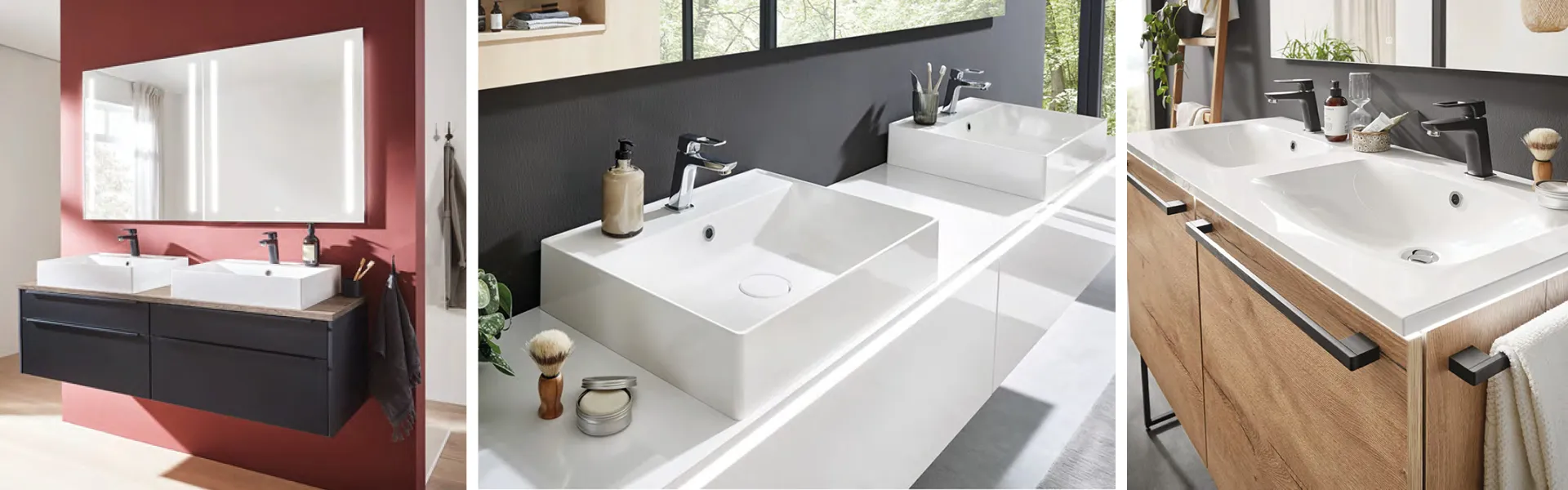 Waschbeckentische in Schwarz vor roter Wand, in Weiß und Hochglanz und in schöner Holzoptik