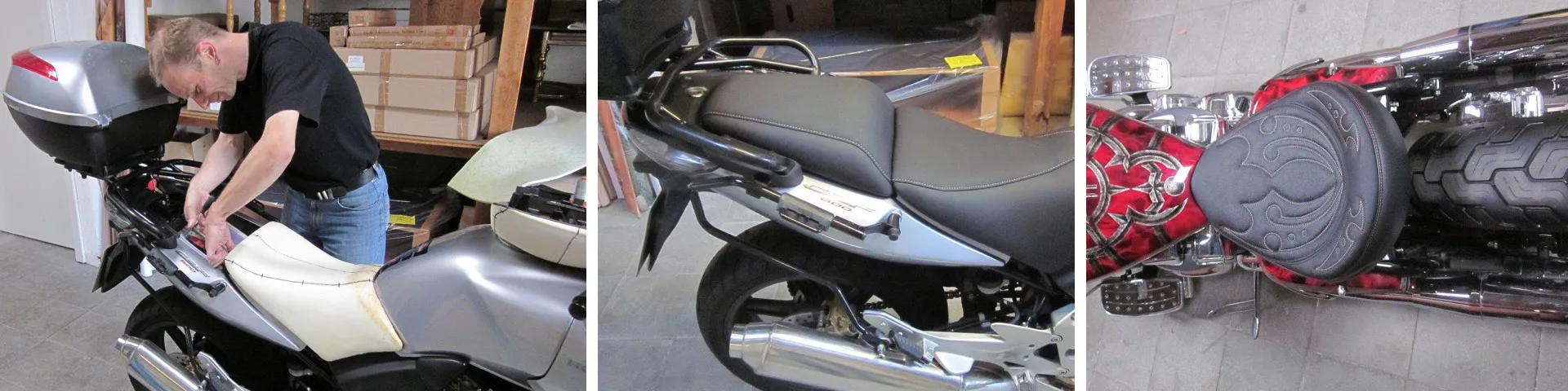 Motorrad Sattler bei der Arbeit, Motorräder in Silber und Rot mit neu gepostertem Motorradsitz