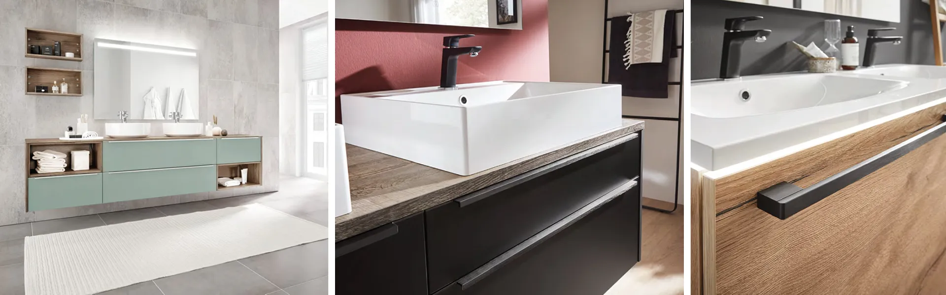 Badmöbel in verschiedenen Farben wie Mint und Schwarz und aus Holz