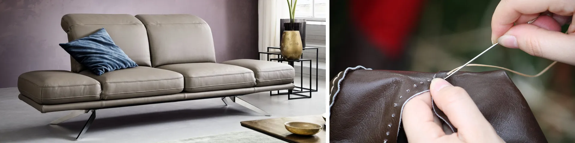 Ledersofa: drehbare Sitzflächen, blaues Kissen und auberginefarbene Wand, Hände mit Nadel nähen Leder
