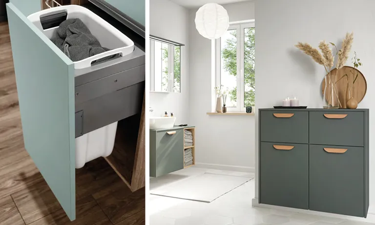 Details im Badezimmer: Handtuchhalter, Wäschekorb im mintfarbenen Schubfach, elegante Holzgriffe an grünen Badezimmermöbeln, Rasierpinsel neben schwarzem Wasserhahn am weißen Waschbecken