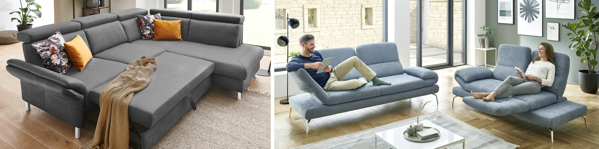 Komfortables Funktionssofa in dunklem Grau mit Schlaffunktion zum Sitzen und Liegen, Mann sitzt auf Ledersofa im Wohnzimmer 