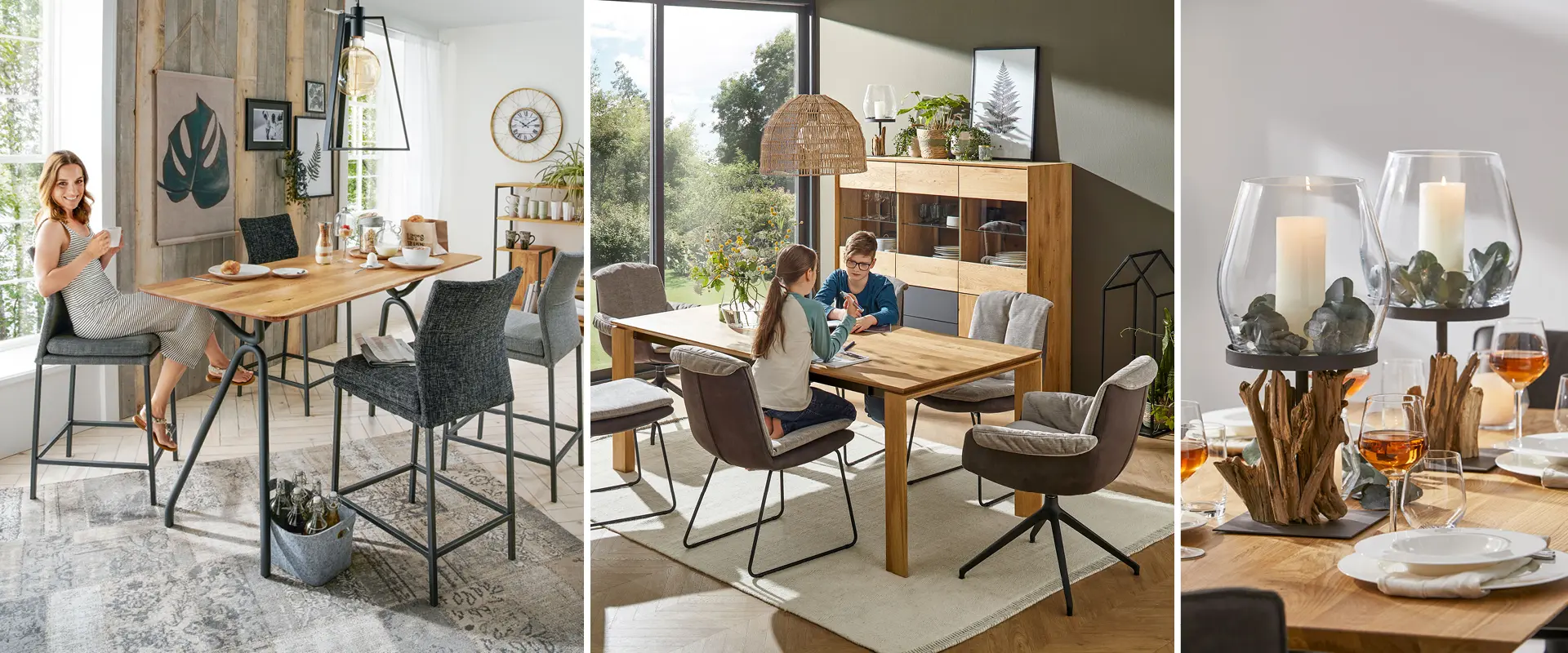 NATURA HOME Esstisch mit NATURA HOME Stühlen, Frau und Kinder im Esszimmer, Dekoraktion und Kerzenschein beim Dinner