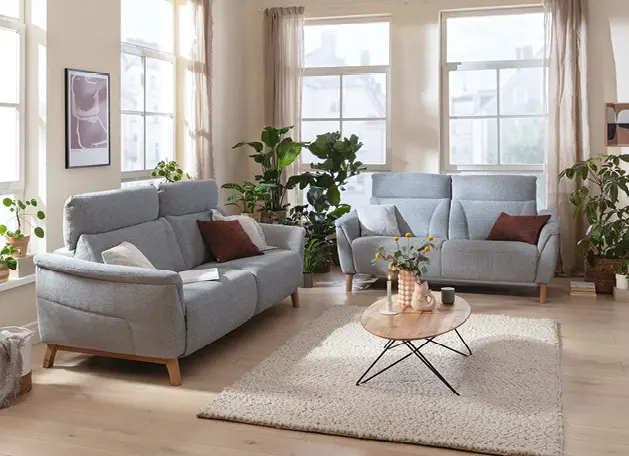 Helles Wohnzimmer mit zwei grauen Sofas, Couchtisch und Teppich