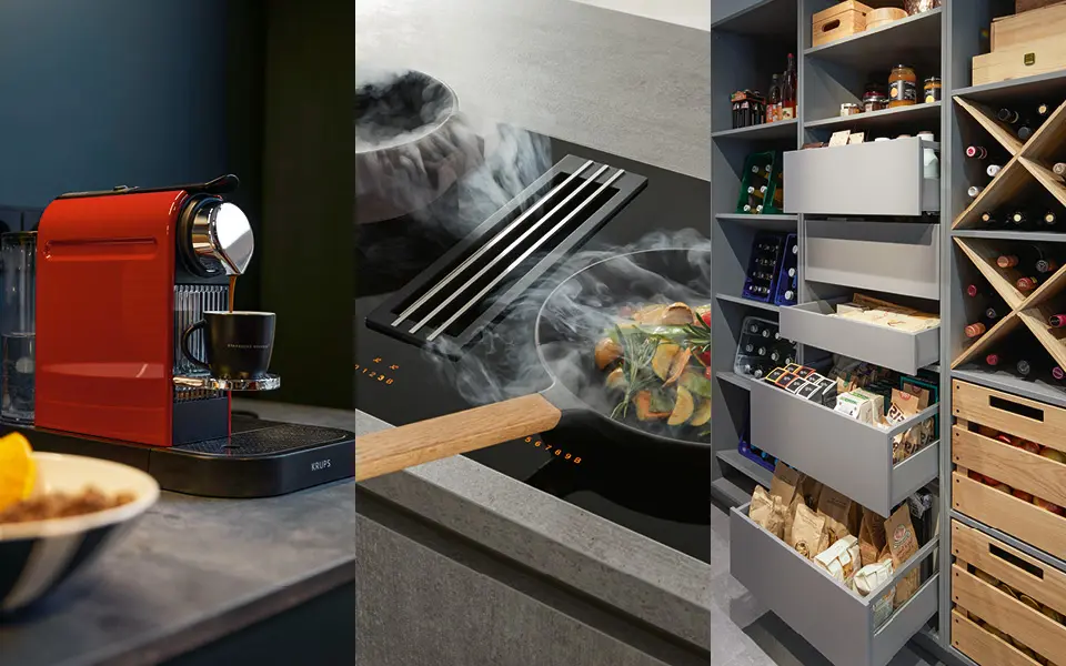 Verschiedene Küchengeräte und Regale.