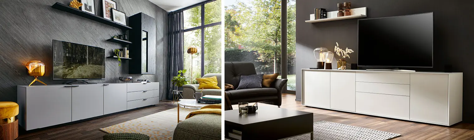 Meistens ist das TV-Board in eine Wohnwand eingebettet. Es bietet Platz für den Fernseher.