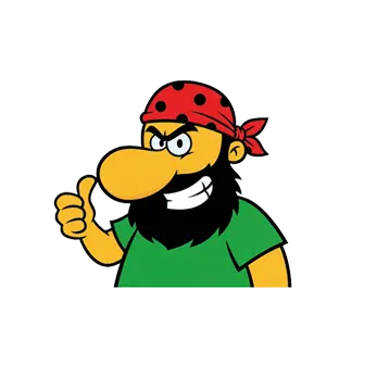 Comic Pirat mit rotem Kopftuch und schwarzem Bart hebt links den Daumen, trägt grünes Shirt und zeigt ein breites, seitliches Grinsen.