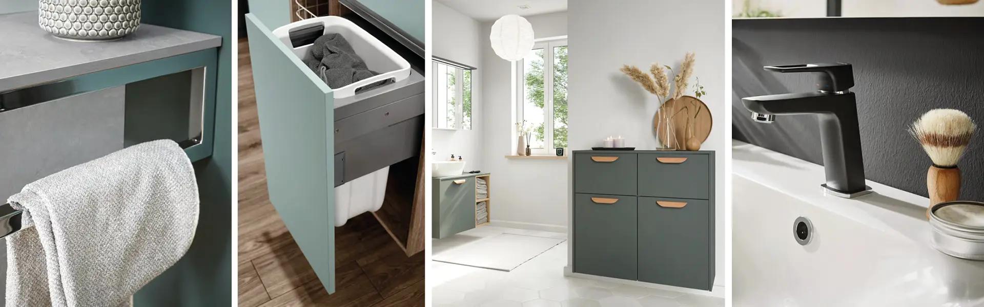 Details im Badezimmer: Handtuchhalter, Wäschekorb im mintfarbenen Schubfach, elegante Holzgriffe an grünen Badezimmermöbeln, Rasierpinsel neben schwarzem Wasserhahn am weißen Waschbecken