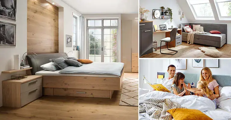 Drei Wohnszenen mit Holzbett, Schlafsofa mit Schreibtisch und Familie auf Bett