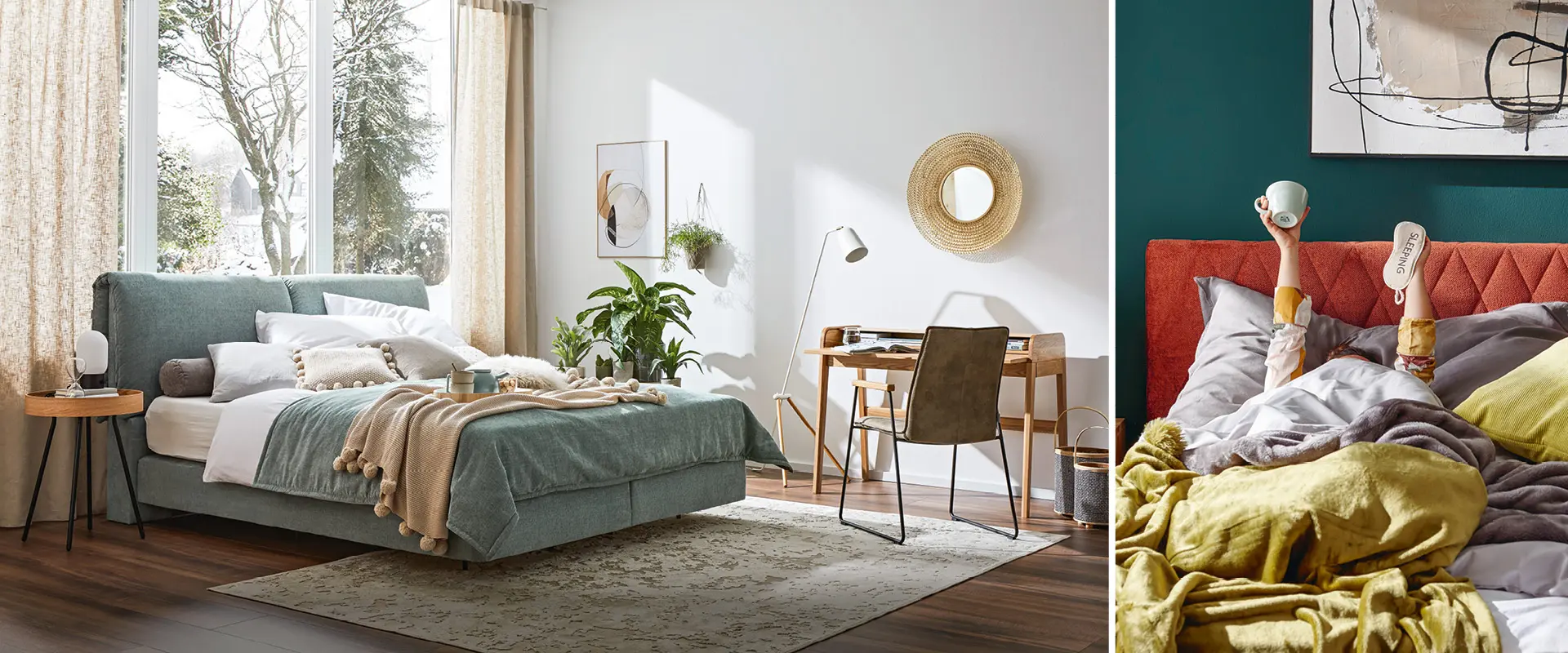 Boxspringbett im Schlafzimmer mit Holzboden und Grün als dominierender Farbe, Mensch streckt Arme hoch im Boxspringbett