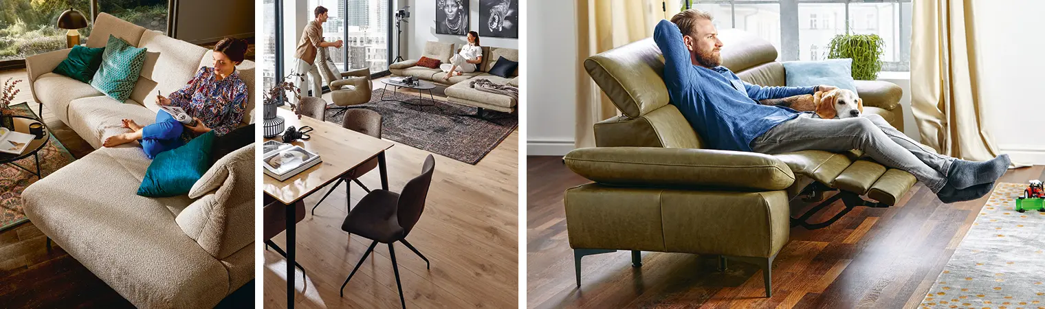 Frau auf naturfarbenem Sofa, Mann und Frau im Wohnbereich mit Holzfußboden, Sessel und komfortabler Couch, Mann mit Hund auf grünem Relaxsofa im Wohnzimmer mit Teppich und Holzfußboden
