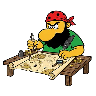 Comic-Pirat mit rotem Kopftuch sitzt an einem Holztisch, zeichnet mit Zirkel auf einer ausgerollten Schatzkarte, daneben liegen Lupe, Federkiel, Tintenfass und Goldmünzen.
