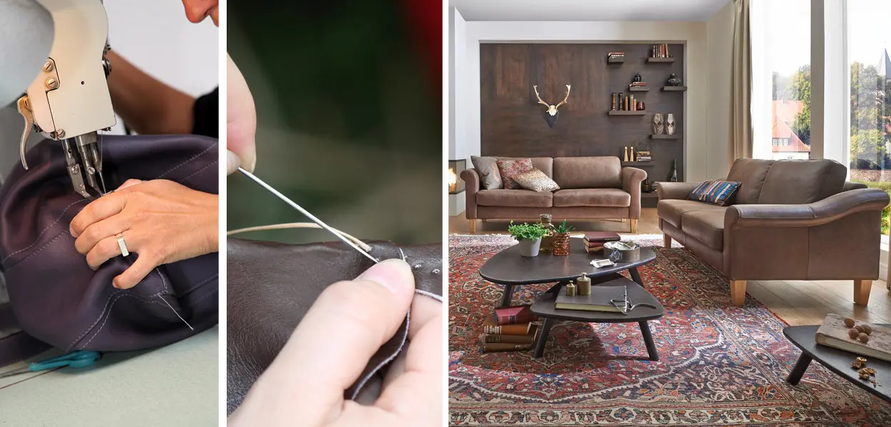 Ledernähte und Ledersofas in stylischem Wohnzimmer