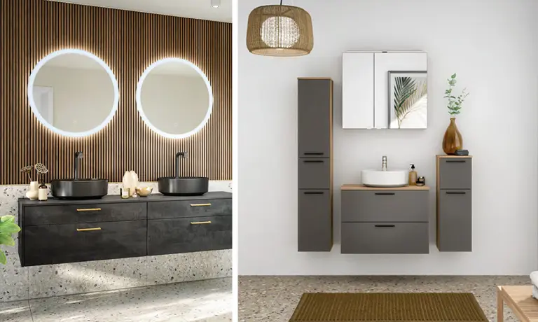 Beleuchtete Badspiegel im modernen Bad, Deckenleuchtet im Bad vor dem Waschbecken