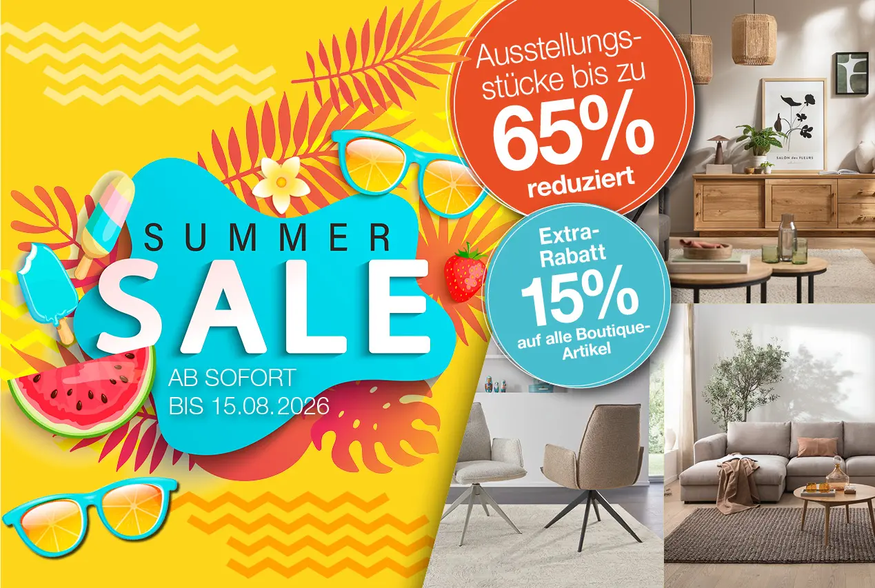Summer Sale ab sofort bei Moebel rommel in meldorf mit bis zu 65% Rabatt auf Ausstellungsstücke