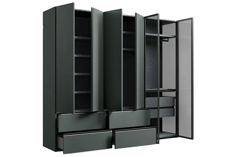 Matte Oberflächen in Kombination mit Glastüren wirken besonders elegant.