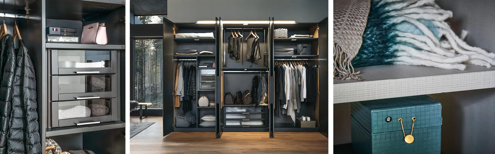 Das Innenleben des Schranks besteht aus Schubladen, Kleiderstangen, Ablageflächen, verschiedenen Fächern und vielem mehr.