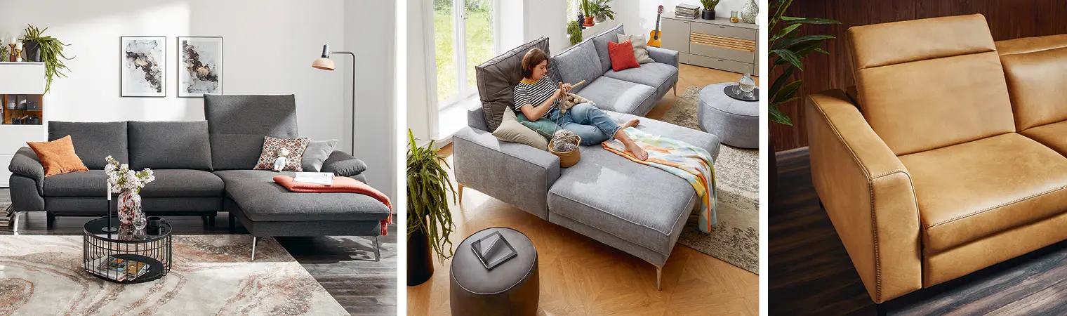 Dunkelgraues Sofa mit hoher Rückenlehne auf hellem Teppich, Frau auch grauer Couch mit hoher Rückenlehne im hellen Wohnzimmer, elegante, kognacfarbene Ledercouch mit aufgestellter Rückenlehne auf edlem Holzfußboden