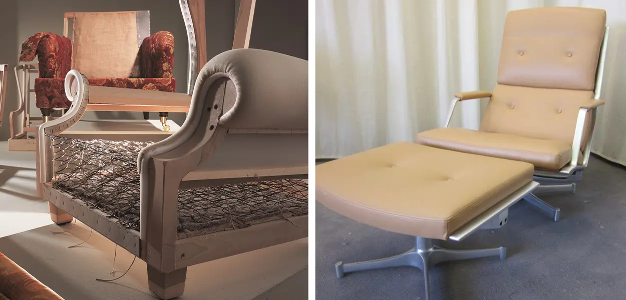 Ledercouch in Blau nach der Restauration, grauer Ledersessel wird neu bezogen, beiger Ledersessel im Retro-Look