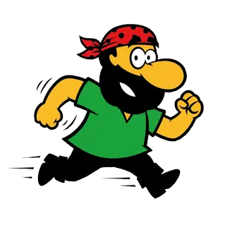 Comic Pirat mit rotem Kopftuch, Bart und grünem Shirt rennt nach rechts, Arme angewinkelt, hinter ihm Bewegungslinien am Boden.