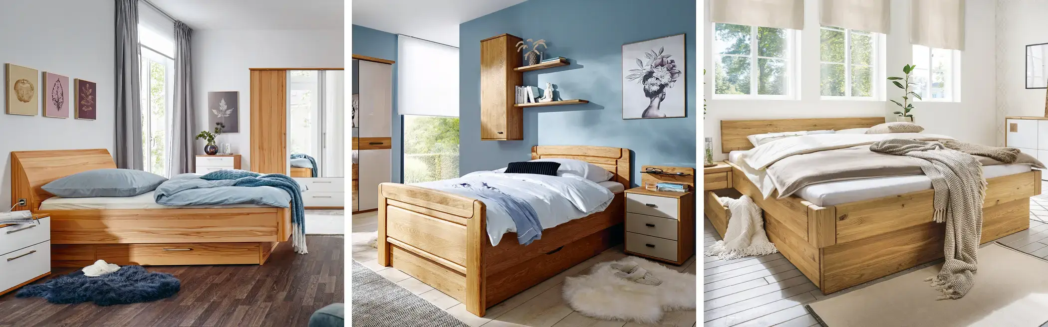 Drei Schlafzimmer mit Holzbetten, Schubladen, Nachttischen und Bettwäsche
