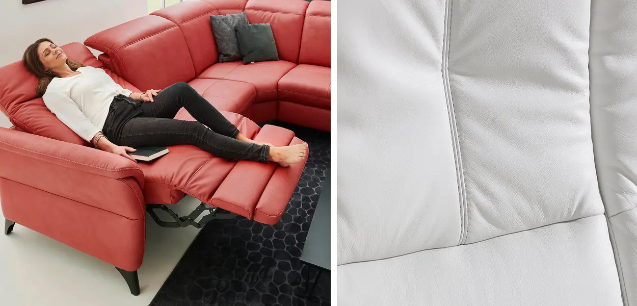 Frau auf Couch mit rotem Sofabezug, weiße Couchgarnitur auf rotem Teppich, Nahaufnahme eines weißen Lederbezugs für das Sofa.