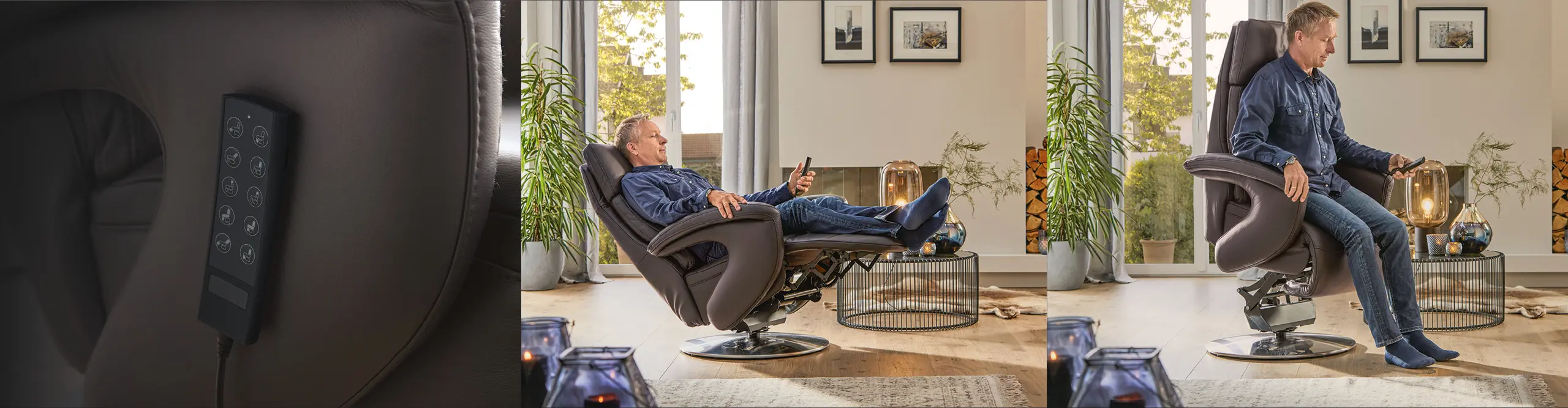 Mann sitzt in graubraunem Relaxsessel in verschiedenen Positionen