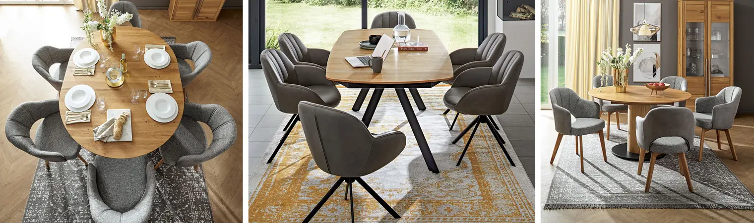 Ob oval, in Bootsform oder rund: Weiche Formen liegen bei Esstischen gerade im Trend.