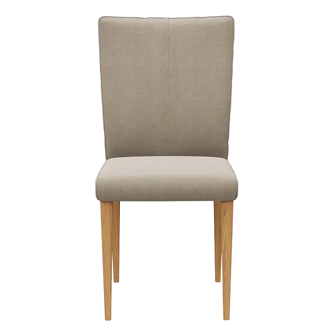 Beiger Esszimmerstuhl mit hellem Holzgestell.