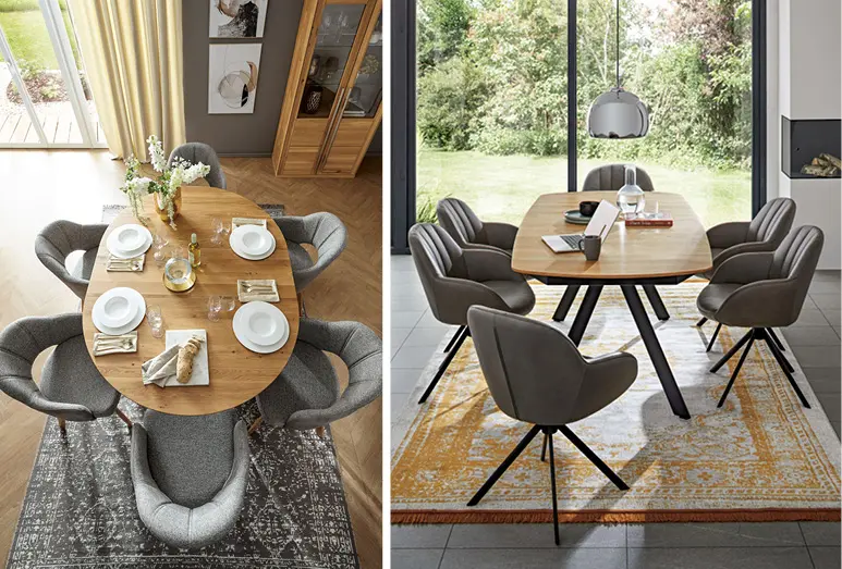 Ob oval, in Bootsform oder rund: Weiche Formen liegen bei Esstischen gerade im Trend.