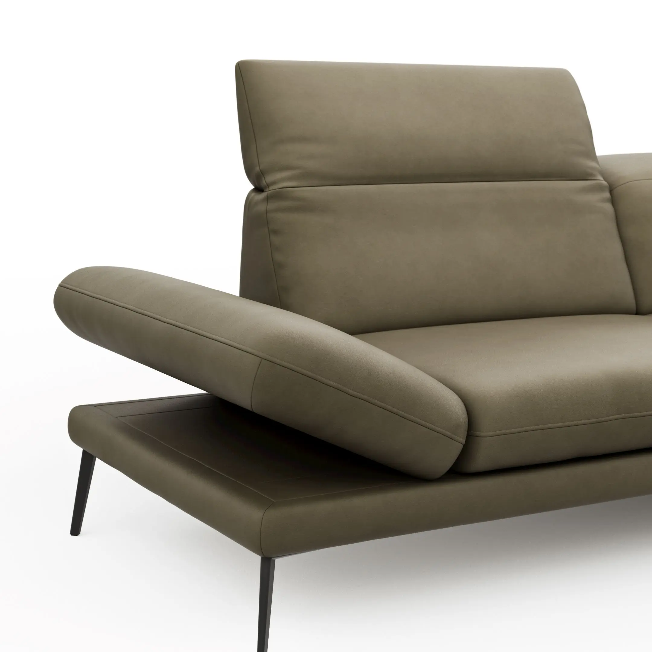Sofa Elena Detailbild der Armlehne in olivefarbenem Leder